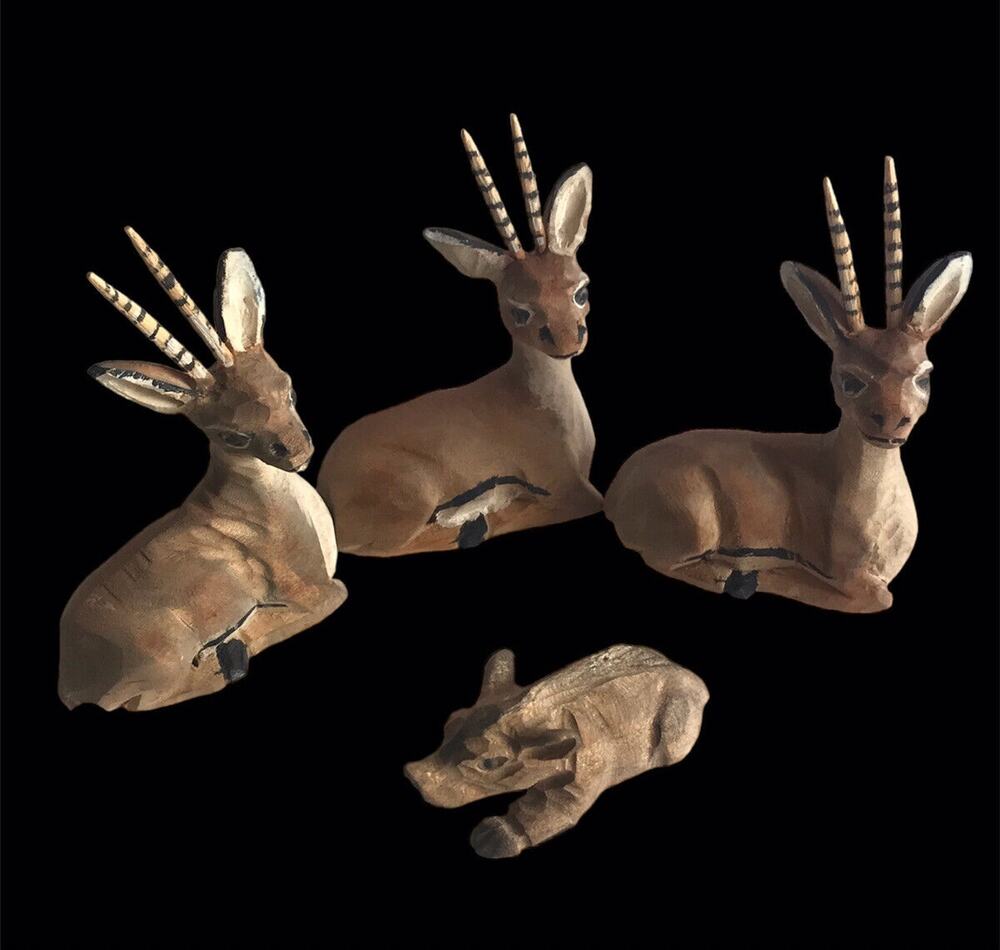 Vintage Balsa Wood Gazalles & Boar Figurine Hand Carved Signed Lot of 4